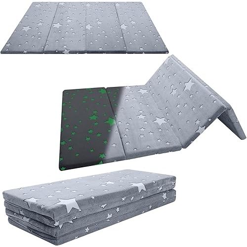 MeMoreCool Glow Grey Star Kids Floor Futon Mattress 6x4FT – Foldable Thick Foam Tatami Sleeping Pad, Soft Washable Floor Mat for Playroom, Guest Bed or Nap Time, Trifold Foam Mattress for Kids