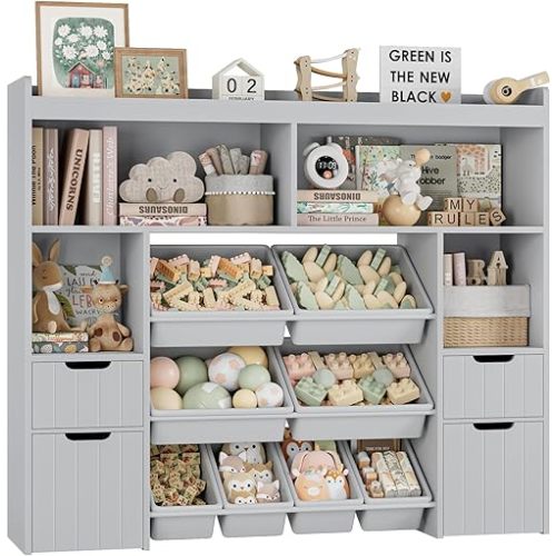 HORSTORS 55" W Toy Storage Organizer with Drawers, Large Kids Toy Storage Box with Removable Bins, Tall Kids Bookshelf and Bookcase for Boys and Girls, Modern Toy Chest for Playroom, Classroom, Grey