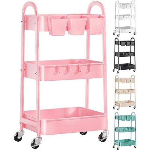 3 Tier Metal Rolling Cart with Lockable Wheels and Handle, Three Tiered Pink Trolley Cart on Wheels, Utility Storage Organizer for Bathroom, Kitchen, Teachers, Art, Crafts, Baby Diaper, Snack, Nail