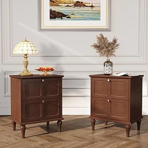 ARTPOWER Mid-Century Modern Nightstand Set of 2, with Storage Drawers and Solid Wood Legs, Wood End Table with Gold Metal Handle, Brown Night Stands for Bedroom