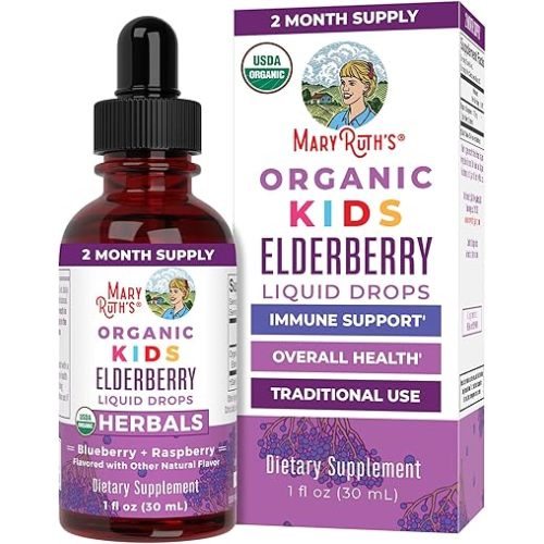 MaryRuth Organics USDA Organic Elderberry Liquid Drops for Kids | Vegan Elderberry Extract Organic Glycerin | Immune Support Supplement | Overall Health | Formulated for Ages 4-13 | 1oz