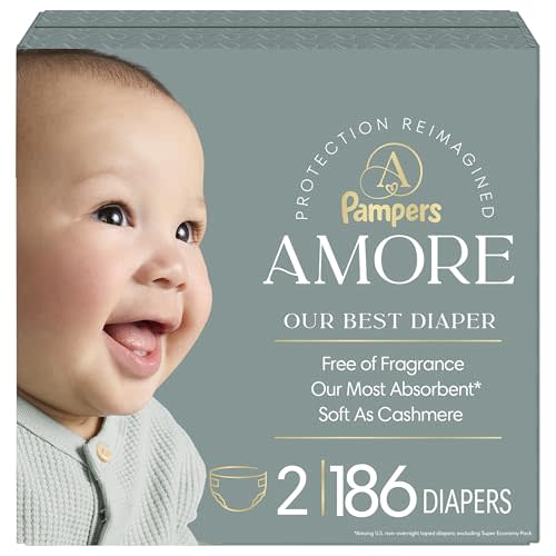 Pampers Amore, Size 2 (10-22 lbs), 186 Count, Our Best Diaper – Hypoallergenic & Fragrance Free, Up to 100% Leakproof, Soft as Cashmere