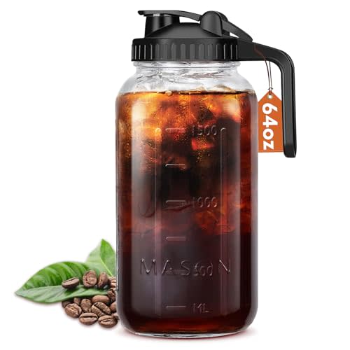 Mihlapi Glass Pitcher with Lid, 64 OZ Mason Jar Pitcher Double Leak Proof, 2 Quart Breast Milk Storage Containers for Fridge, Wide Mouth Glass Jar for Sun Tea, Juice, Cold Brew Coffee