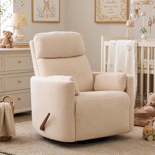 Oversized Swivel Rocker Recliner Chair with Heat and Massage, Rocking Chair Nursery with Adjustable Headrest, Manual Rocker Recliner Chair, Glider Recliner Nursery Chair with 2 Pillows, Chenille Beige