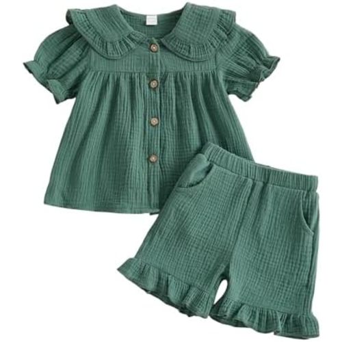Toddler Baby Girl Clothes Cotton Linen Short Sleeve Button Up Collar Shirt Ruffle Shorts Set 2 Piece Summer Outfits