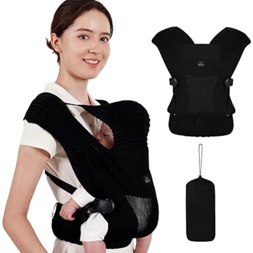 Bebamour Knit Baby Carrier,Cozy and Lightweight Carrier for Newborn to Toddler,Ergonomic Baby Carrier with Head Hood (Black)