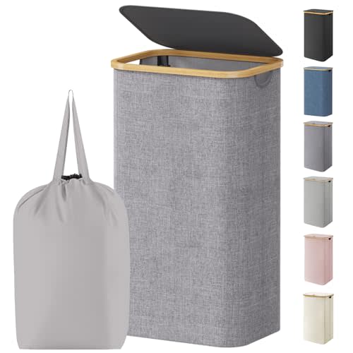 Lifewit 105L Laundry Basket with Lid, Clothes Hampers for Laundry with Bamboo Handles and 1 Removable Bag, Large Foldable Laundry Hamper for Bedroom, Bathroom, Dorm, Laundry Room, Light Gray