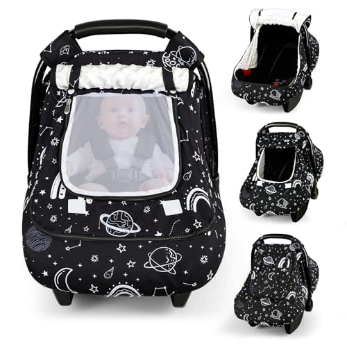 Winter Car Seat Cover Baby with Sunshade & Dual Zipper Windows - Minky Bubble Lined Windproof Soft Shell, Warm Newborn Car Seat Canopy Covers, Elastic Bottom for Stroller & Infant Car Seat, Space