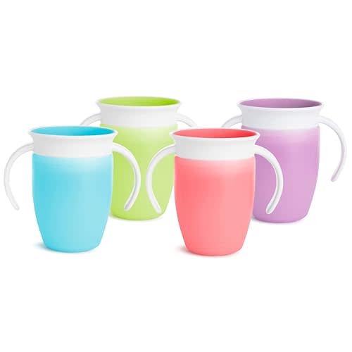 Munchkin Sippy Cup for 6 Month Old and Up, Spill Proof Miracle 360 Toddler Cups with Transition Handles, 7 Ounce, 4 Pack, Blue/Green/Pink/Purple