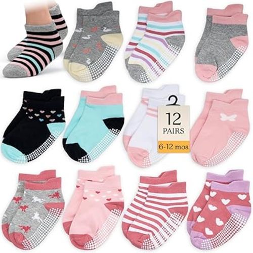 CozyWay Ankle Grip Socks for Girls, Hearts and Stripes, 6-12 Months Non-Slip Baby Socks with Soft Cotton Blend Comfortable, Flexible Fit Toddler Grippy Socks for Everyday Wear - 12 Pack