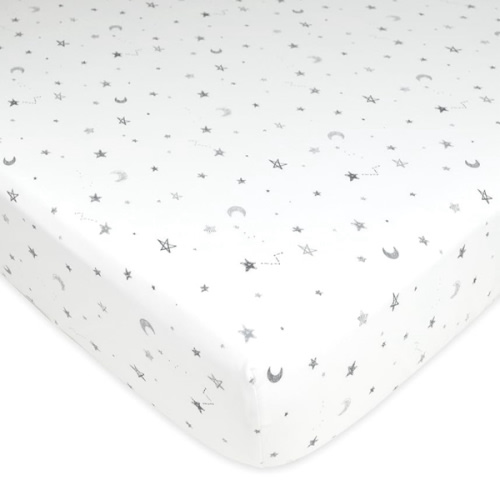 American Baby Company 100% Natural Cotton Fitted Crib Sheet 52" x 28" - Soft, Breathable, Hypoallergenic & Gentle Toddler Bed Sheet, Gray Stars and Moons, Neutral for Boys & Girls