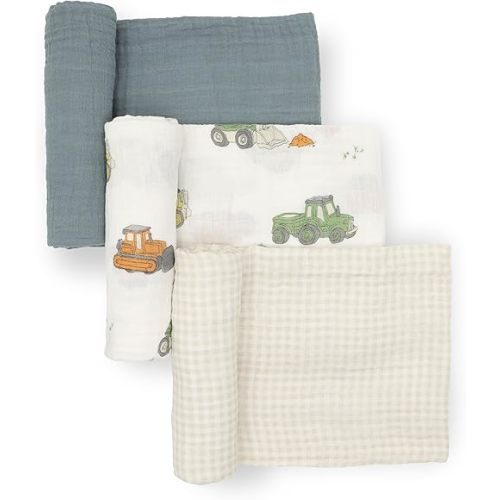 Little Unicorn Premium Muslin Swaddle Blanket 3 Pack | for swaddling, Play, Nursing & More | Giftable Set of 3 (Work Trucks)