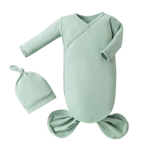 MVUOCR Newborn Knotted Baby Gowns, Soft Cotton Baby Sleeper Gowns, Newborn Sleepers Gown for Girls and Boys, Nightgowns Infant Coming Home from Hospital Outfit with Hat Set Green