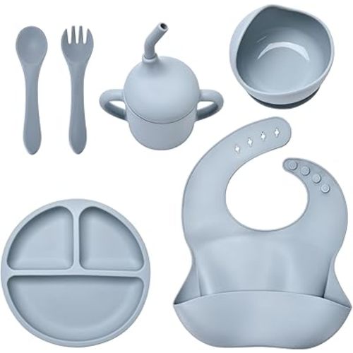 Baby Silicone Feeding Set, Baby Weaning Set, Baby Essentials, Includes Baby Spoons, Baby Bibs, Suction Plates for Baby， Baby Bowls, Food Grade Silicone, BPA Free (A-1)