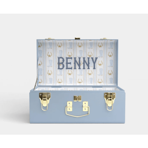 Memory Box Mini Trunk- Light Blue- "BENNY" in Rodeo Roundup Pattern- Waterford Text; Light Grey Blue