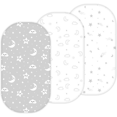 Bassinet Sheets for Dream On Me Karley, Lacy, Poppy, Chicco LullaGlide, Ingenuity Foldaway Rocking, Safety 1st Nap and Go, 3 Pack, 33 x 17, Ultra Soft, Unisex Boys Girls, Gray (Moon, Stars, Clouds)