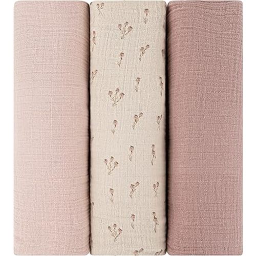 Ely's & Co. Muslin Swaddle Blanket 3-Pack for Baby Boy— 100% Cotton Muslin Extra-Large Swaddle Blankets (47”x 47”) Mauve Bluebell