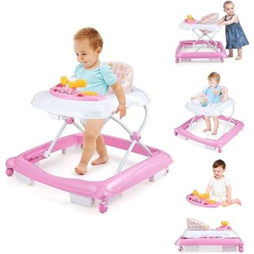 BABY JOY Baby Walker, 4 in 1 Foldable Activity Walker with Adjustable Height, Music, Lights, Anti-Rollover Toddler Push Walker, Baby Walker with Wheels for Boys Girls 7-14 Months (Pink)