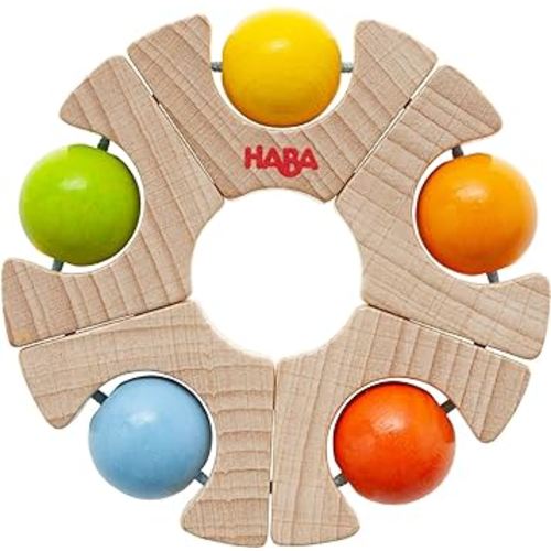 HABA Wooden Baby Teething Toy & Montessori Grasping Wooden Rattle Rainbow Ball Wheel, Sensory Toys for Babies, Safe & Sustainable Baby Grasping Toys for 6-12 Months, Made in Germany