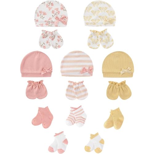 Baby Hats Mittens and Socks Set Soft Cotton Newborn Hat Glove for Boys Girls 0-6 Month