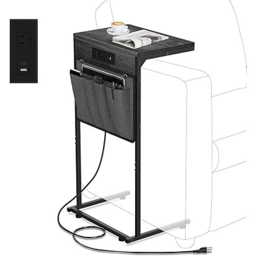 C Shaped End Table with Charging Station, Small Side Table with Storage Bag for Couch and Recliner, Slide Under Sofa Tray for Living Room, Bedroom, Deep Gray