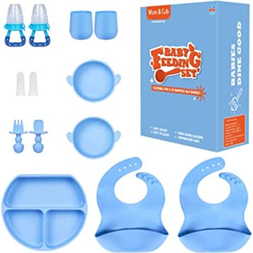 Mum & Cub Baby Led Weaning Supplies, Silicone Baby Feeding Set, Includes Suction Plate, Suction Bowl, Spoon, Fork, Adjustable Bib, Cup and Food Feeder for Baby Self Eating Feeding Supplies, Blue