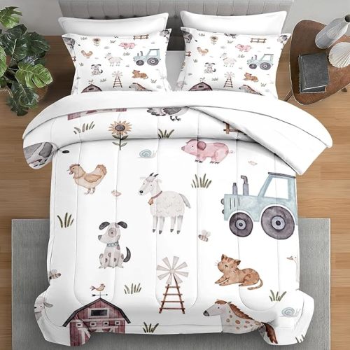 Comforter Set Twin Size, Farm Animal Cow 5 Pcs Bedding for Kids and Adults, Autumn Cute Tractor Bed Sheet Sets with Fitted Sheet Pillowcase & Sham for Bedroom Bed Decor