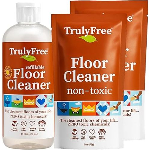 Truly Free Floor Cleaner Kit - Plant-Based Mopping Solution (16oz Reusable Empty Bottle + Two Pouches, 3oz ea.) - DIY All-Surface Cleaner for Hardwood, Tile, Wood & Concrete