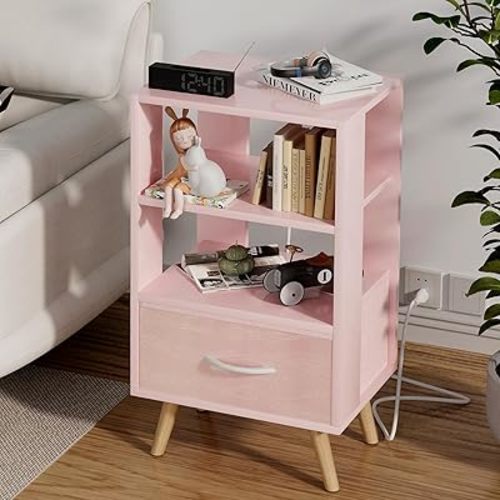 Night Stand with Charging Station, Pink Nightstand with Drawer, 3-Tier Wooden Bedside Table with USB Ports and Outlets, End Table for Small Space, Living Room, Bedroom