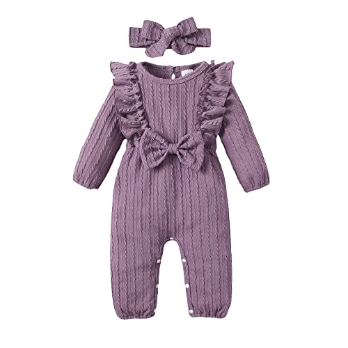 Happy Town Baby Girl Romper Infant Fall Winter Clothes Ruffle Sweater Long Sleeve Bodysuit Jumpsuit and Headband
