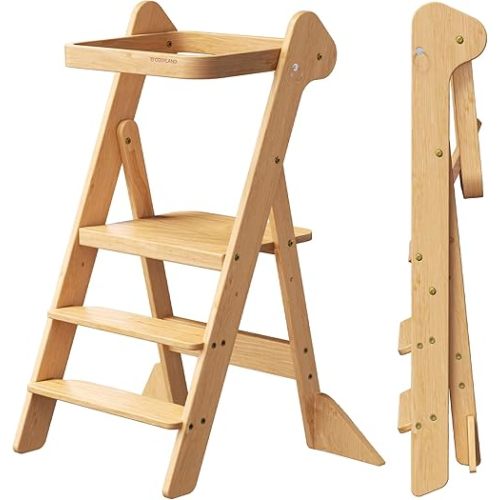 COSYLAND Foldi Foldable Toddler Kitchen Stool - Adjustable Height Toddler Standing Tower with Net & Safety Feet, IF Award-Winning Wooden Learning Step Tower for Kids Ages 18M-6Y, Natural