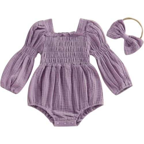 Kavousa Smocked Baby Girl Clothes Newborn Girl Bubble Romper Long Sleeve Jumpsuit And Headband Outfit Cute Infant Clothing
