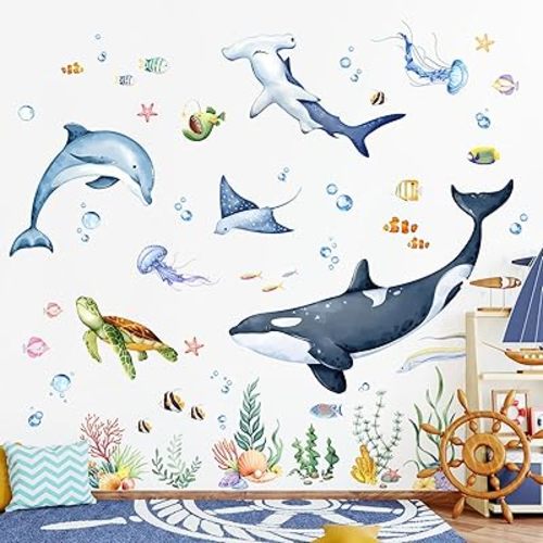 Whales Under The Sea Wall Decals, Sea Turtles Dolphin Jellyfish Wall Stickers Rays Coral Seaweed Peel and Stick Wall Decal Self Adhesive Wall Art Sticker for Baby Nursery Kids Room Home Decor