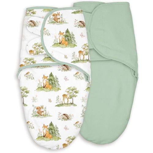 CIVARUA KIDS Baby Swaddles for Newborn Organic Cotton, Soft & Snug Velcro Swaddle 0-3 Months Sleep Sack Helps Calm Startle Reflex, 2-Pack Wrap Nursery Swaddling Green Jungle Animals