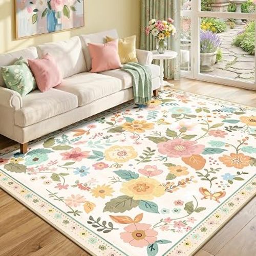RELEANY Floral 6x9 Area Rugs Washable Print Boho Cute Carpet Non Slip Flower Low Pile for Living Room Bedroom Kitchen Office Farmhouse-Beige/White/Orange