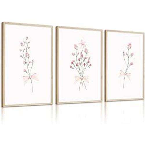 Nursery Flower Wall Art Girl Floral Canvas Wall Decor Boho Wildflower Art Poster Pink Bow Pictures Nursery Floral Prints Vintage Botanical Artwork Painting for Girls Room Bedroom 12x16x3 Inch Unframed