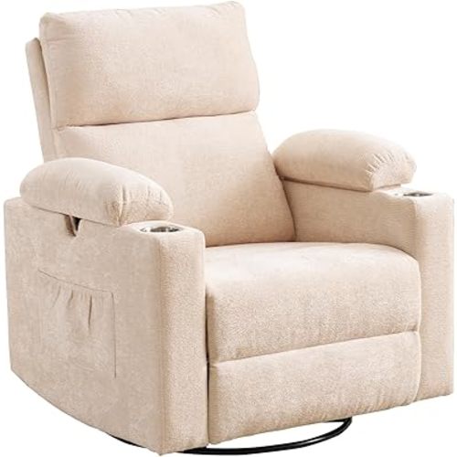 Rocking Chair Nursery with Adjustable Armrests for Breastfeeding, Glider Recliner Nursery Chair with Massage and Heat, Power Swivel Rocker Recliner with Adjustable Headrest, Chenille Beige