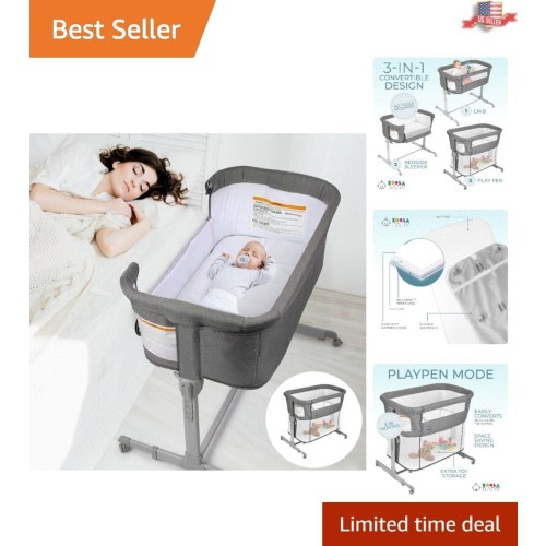 KoolaBaby 3-in-1 Grey Bassinet, Bedside Sleeper & Portable Crib (Foldable)