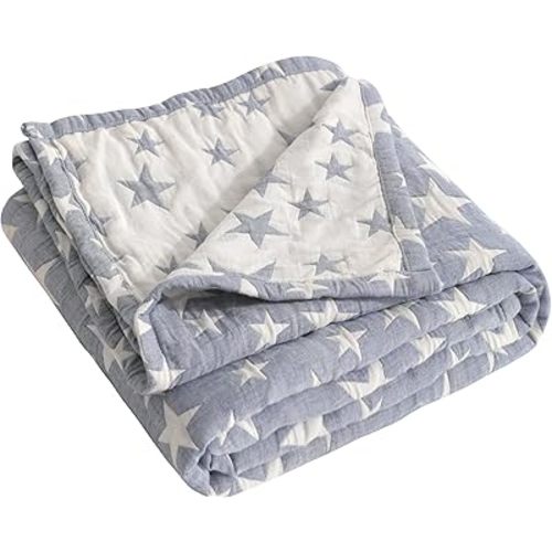 NTBAY 3 Layer Toddler Blanket, Muslin Cotton Jacquard Bed Blankets, Lightweight Thermal Baby Blanket, Super Soft and Warm Crib Blanket for All Seasons, Decoration Gift, 30"x40", Blue and Yellow Star