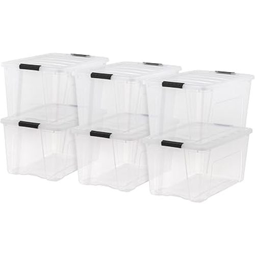 IRIS USA 72 Qt Stackable Plastic Storage Bins with Lids, 6 Pack - BPA-Free, Made in USA - See-Through Organizing Solution, Latches, Durable Nestable Containers, Secure Pull Handle - Clear
