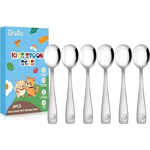 DRKIO Stainless Steel Toddler Spoons Set - 6 Pieces Kids Spoons Set Children Safe Food Grade Kids Silverware Small Spoon Metal Toddler Utensils Dishwasher Safe Mirror Polished