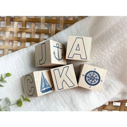 Nautical Nursery Decor - Personalized Name Wooden Baby Block Set for Nursery Shelf - Sailboat - Anchor - Steer - Sailor