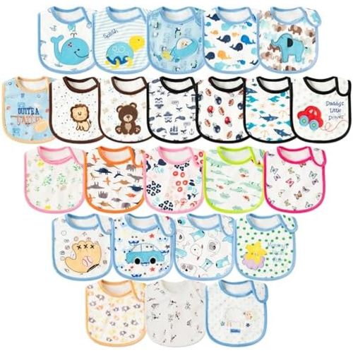 Cotton Waterproof Baby Bibs - 24Pcs Adjustable Hook Loop Closure Bib for Feeding Teething Drooling Eating, 6-12 Months