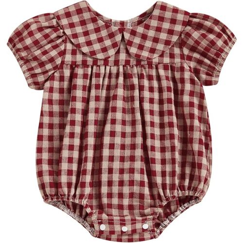 Baby Girl Summer Outfit Plaid Print Peter Pan Collar Short Sleeve Bubble Romper Gingham Bodysuit Infant Spring Clothes