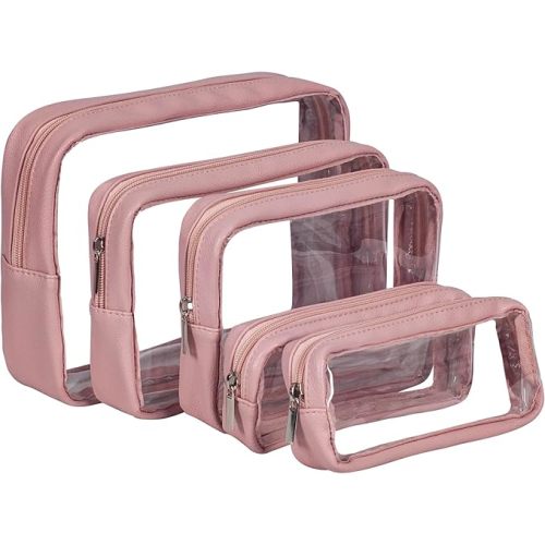 TSA Approved 5-Piece Diaper Bag Organizer Pouch Set Clear Waterproof TPU Kids Toiletry Storage Set Travel Packing Clutch Cube Bags for Baby Nursing (Light Pink Leather)