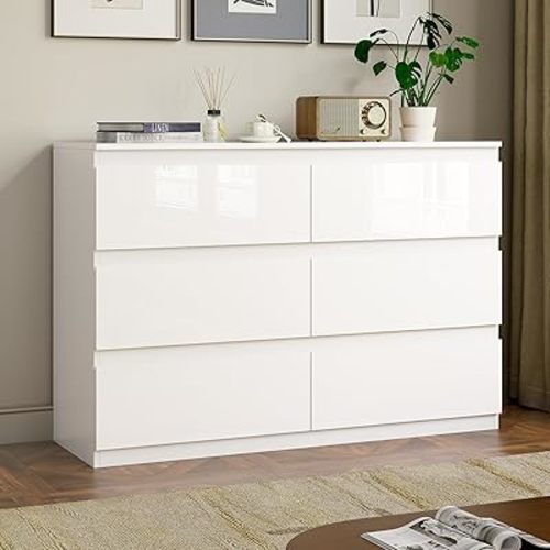 White Wood Dresser, 6 Drawer Dressers for Clothes Storage for Bedroom, Modern Dresser with Wide Drawers, Wide Wooden Chest Drawers for Living Room, Entryway, TV Stand(47" W x15.4 Dx32.3 H)