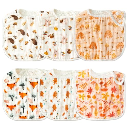 Zainpe 6Pcs Snap Muslin Cotton Baby Bibs Autumn Fall Leaf Fox Pattern Infants Drool Cloths Adjustable Burp Cloth Soft Absorbent Feeding Bib for Newborn Girl Boy Toddler Teething Eating 0 to 36 Months