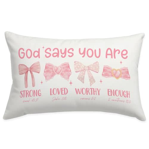 Pink Bow Coquette Christian Throw Pillow Cover 12x20, Gifts for Mom Women Girls Tween, Mothers Day Bow Decor for Girls Room Dorm, Bible Verse Pink Bows Inspirational Affirmations Gifts