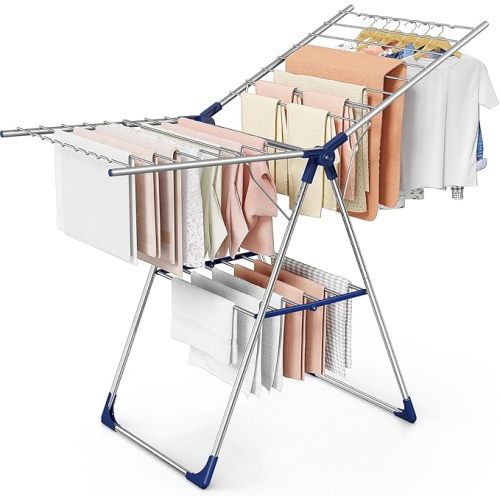 Sakugi Clothes Drying Rack with Height-Adjustable Wings, Metal Foldable Laundry Dryer Stand for Clothing & Bedding, Free-Standing Collapsible for Indoor & Outdoor Use, 55.5" L × 22.8" W, Silver Blue