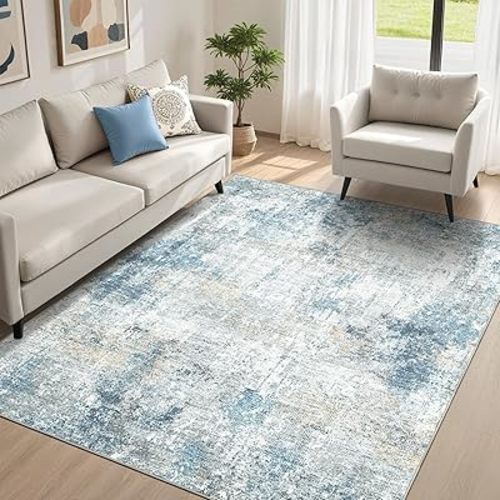 5' x 7' Abstract Living Room Rugs Washable Area Rug - Non Slip Soft Low Pile Rug, Modern Boho Design Spill-Resistant Stain-Proof Carpet Rugs for Living Room, Bedroom, Office, Nursery Blue